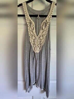 Robin K Gray Tank Tunic with Crochet V-Neck Medium Boho